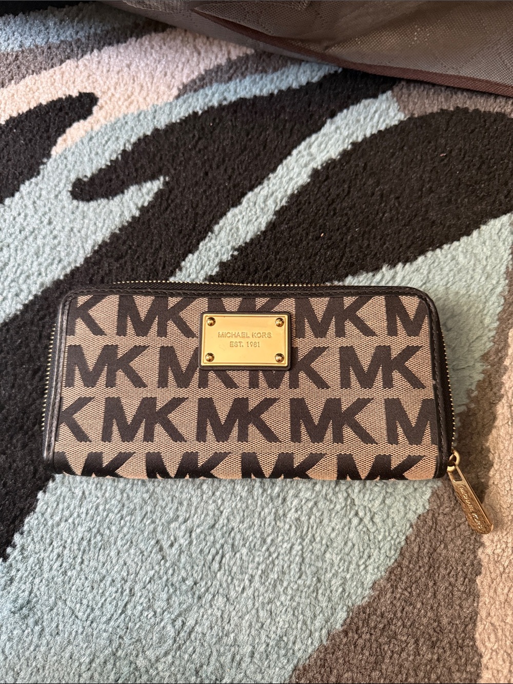 Michael Kors Brown and Black MK Logo Zip Wallet